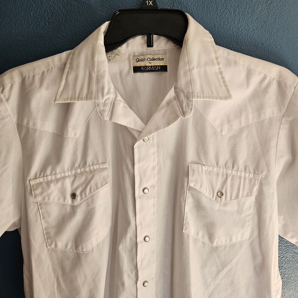 VTG 80s Karman Shirt Pearl Snap Gold Collection Mens L White SS Western USA Made